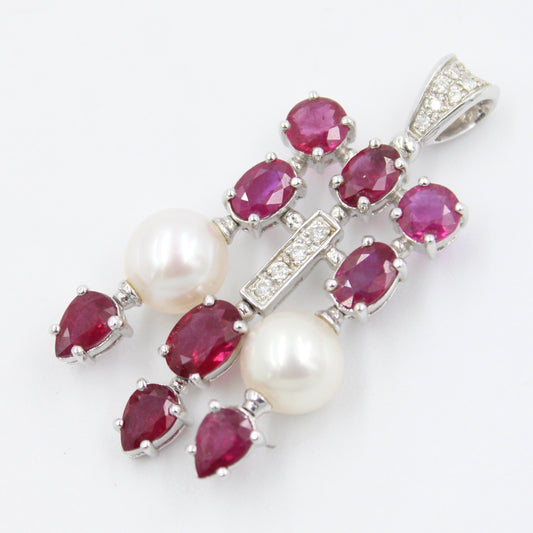 Natural 8.78 Ct AAA Red Ruby, Pearl & Diamond Statement Pendant
