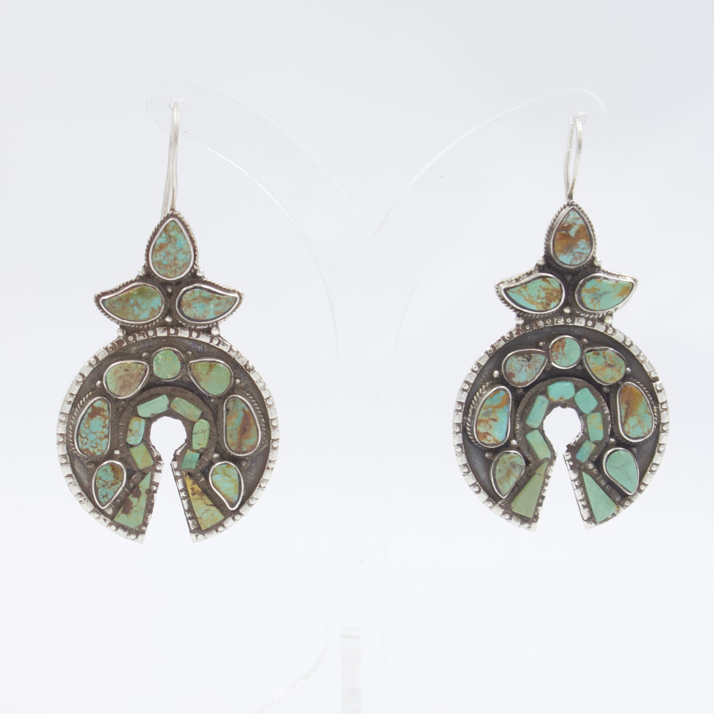 Vintage Tibetan Himalayan Turquoise Naja Chandbali Drop Earrings Sterling Silver