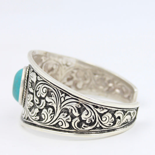 Vintage Hand Etched Chitai Work Turquoise Cuff Bracelet in Sterling Silver