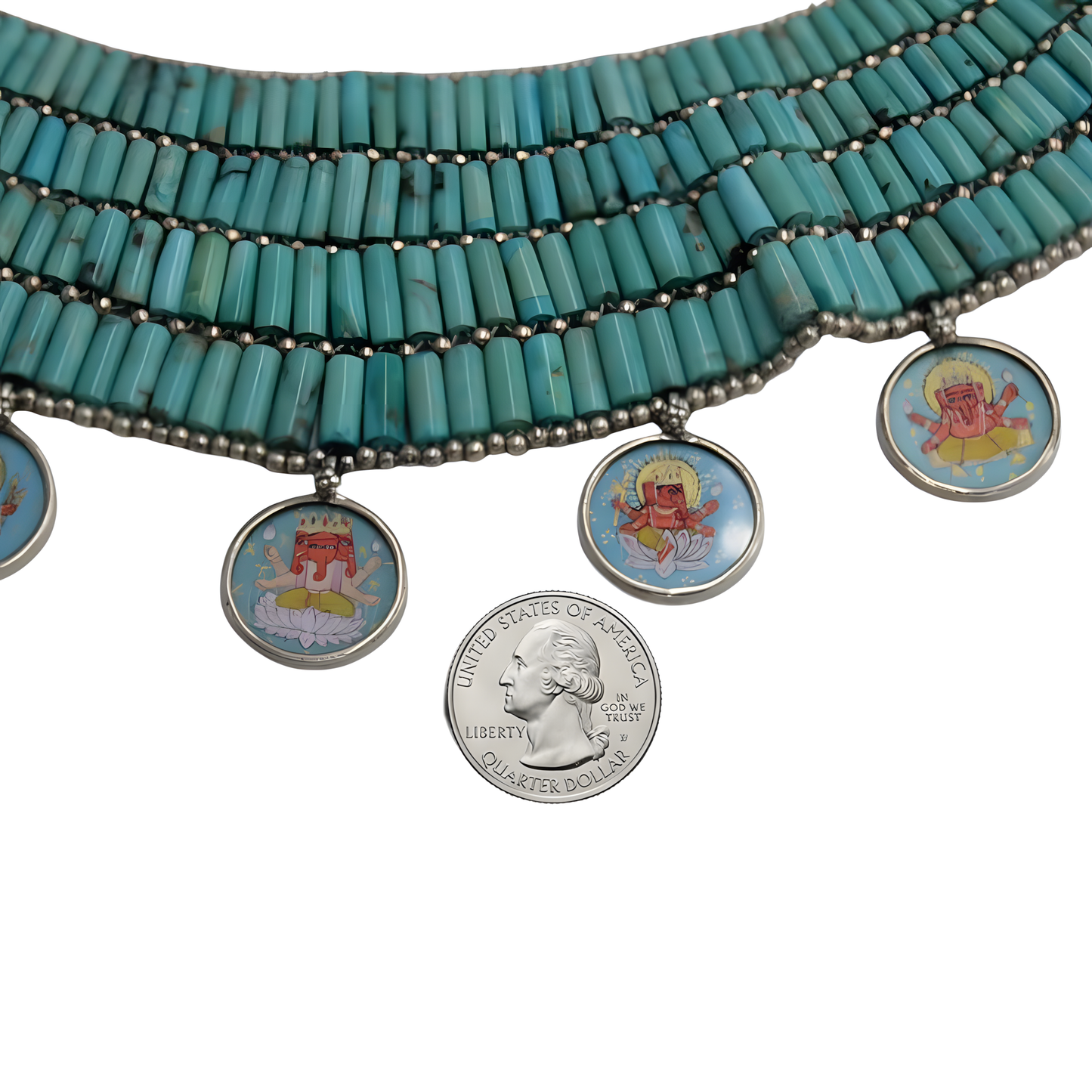 Handcrafted Turquoise Bead 5-Row Sterling Silver Lord Ganesha Painting Necklace