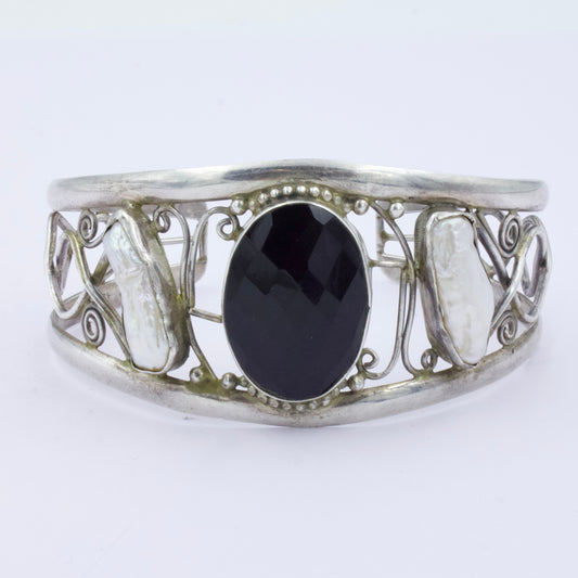 Vintage Black Onyx and Baroque Pearl Cuff Bracelet in Sterling Silver