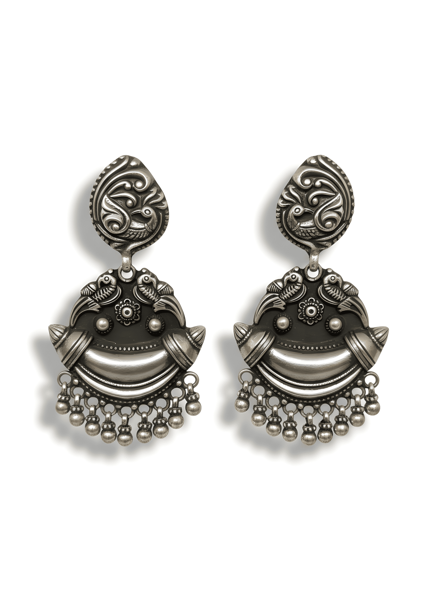 Oxidized 92.5 Sterling Silver Traditional Indian Peacock Drop Earrings
