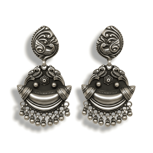Oxidized 92.5 Sterling Silver Traditional Indian Peacock Drop Earrings