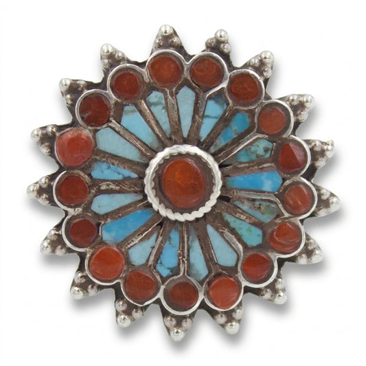 Vintage Natural Turquoise & Coral Cluster Statement Ring in Sterling Silver