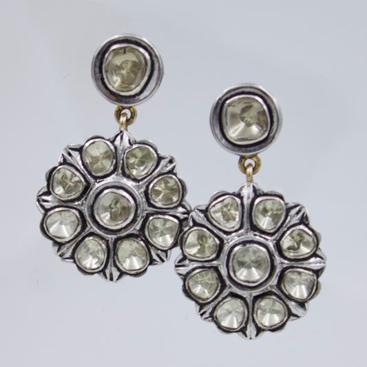 Vintage Victorian Natural Polki Diamond Statement Drop Earrings with Filigree Work in 14K Gold and Sterling Silver Alloy