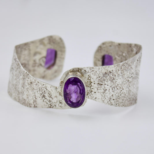 Amethyst Hammered Statement Reversible Cuff Bracelet in Sterling Silver