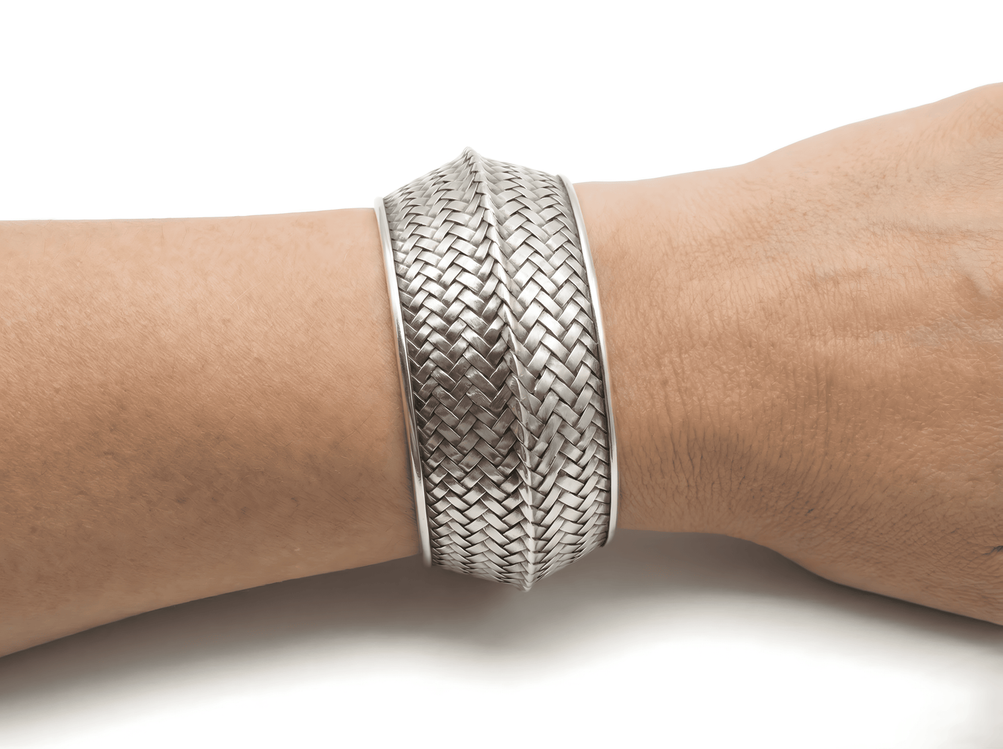 Indonesian Hand-woven Timeles Broad Cuff Bracelet in Sterling Silver Adjustable Size