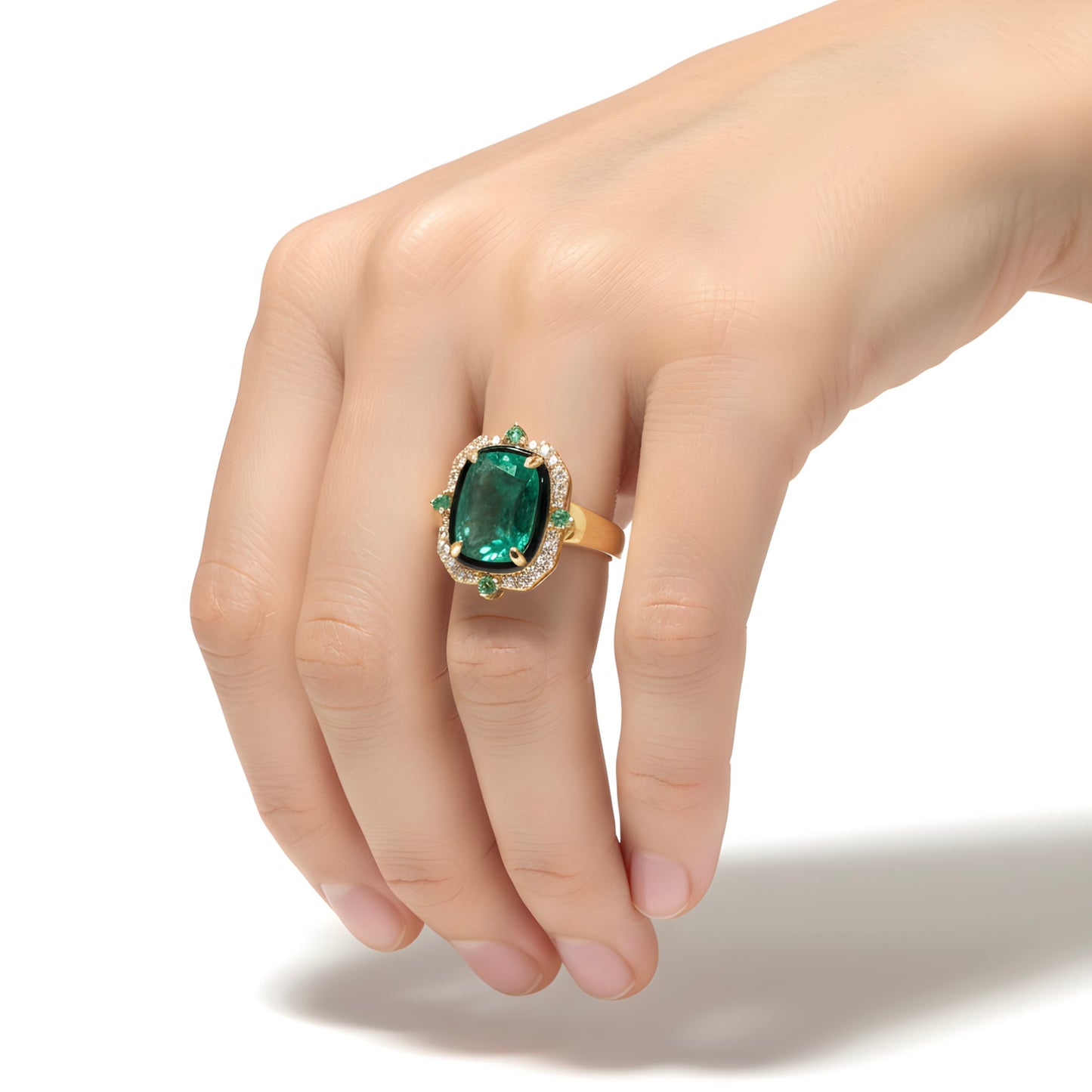 Luxurious 2.76 Ct Natural Emerald & Diamond Cocktail Ring in 18KY Gold Size 7