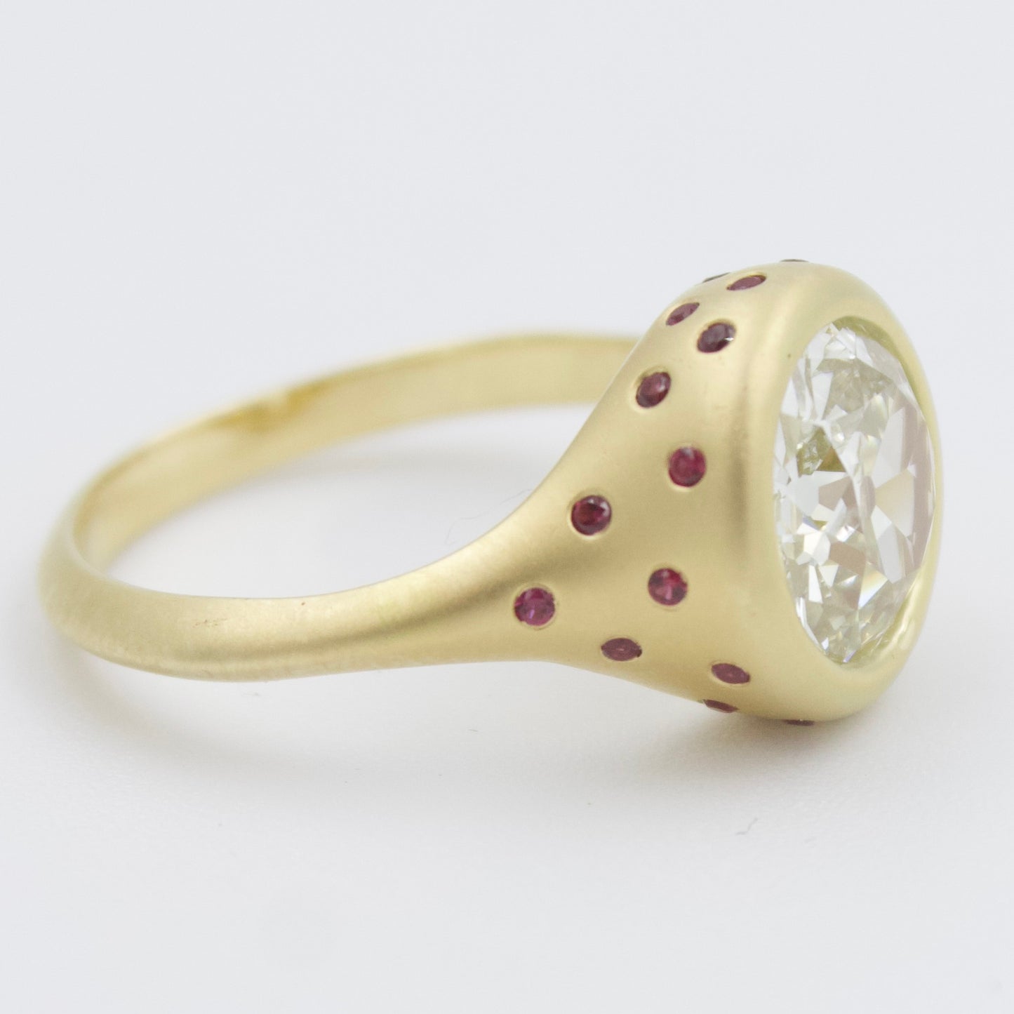 IGI 2.26 Ct Old European Cut Diamond & Ruby Engagement Ring in 18KY Brushed Gold