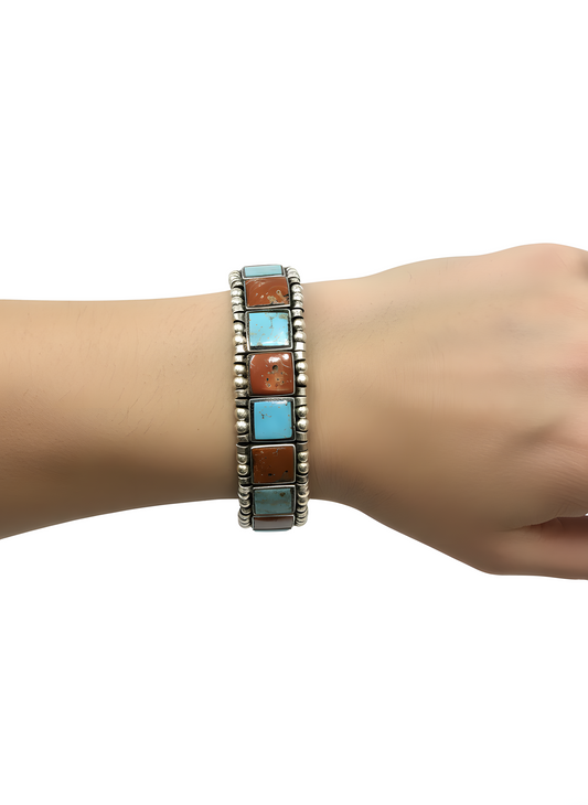 Vintage Natural Coral Turquoise Tribal Broad Loose Bracelet in Sterling Silver