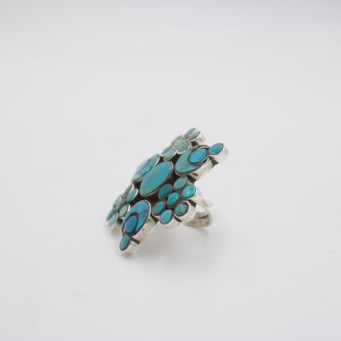 Bohemian Turquoise Cluster Statement Ring in 925 Sterling Silver | Size 7.5