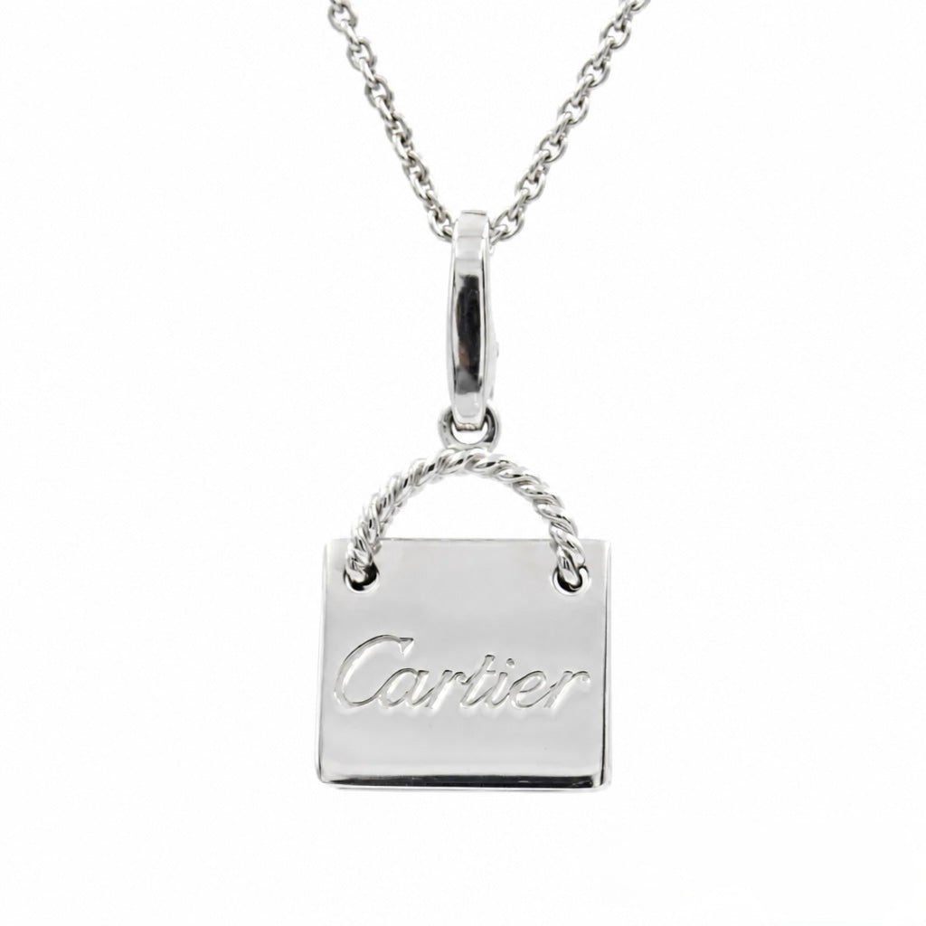Vintage Authentic Cartier Shopping Bag Charm Pendant in 18K White Gold