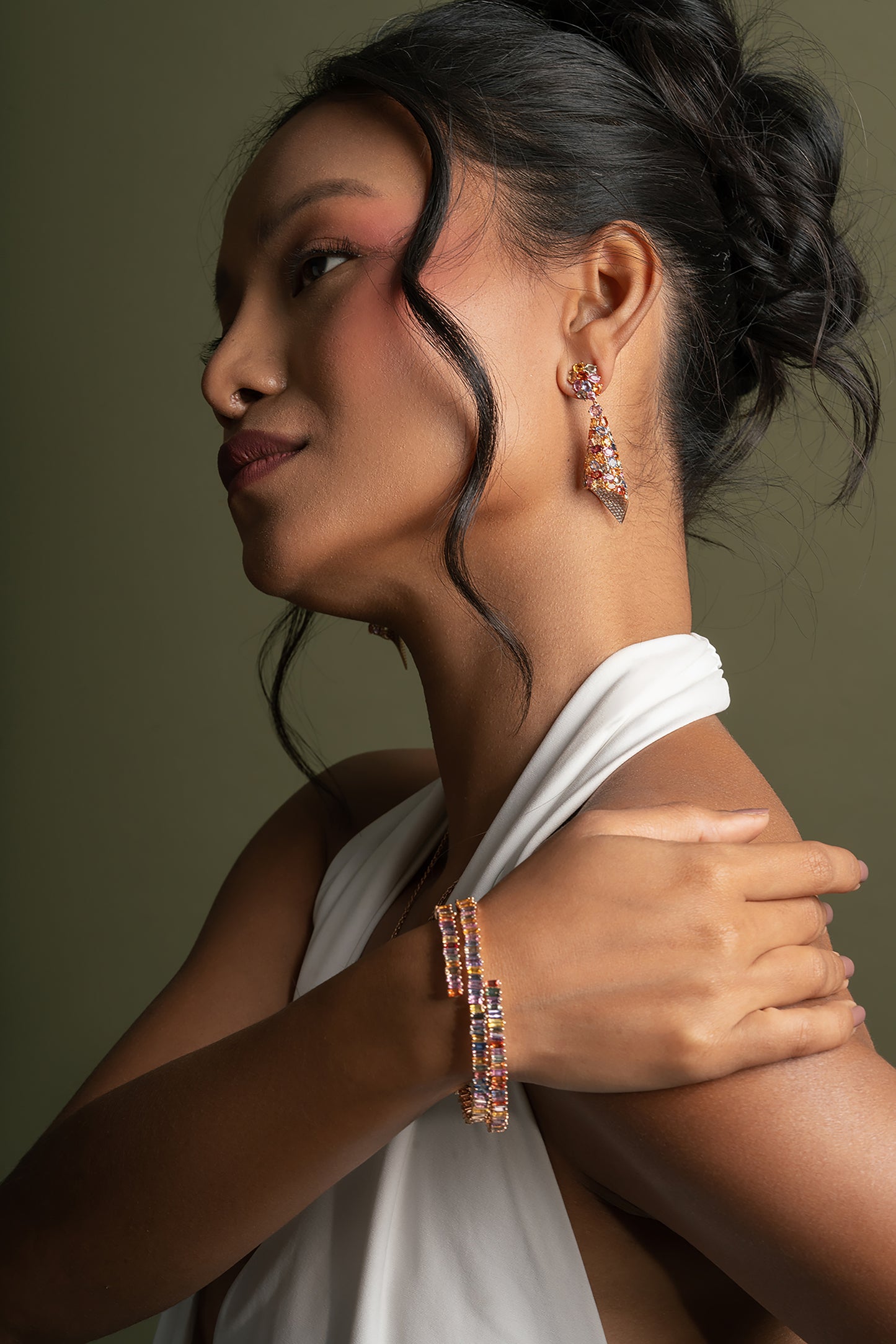 Statement 14.8 Ct Rainbow Sapphire Flexible Wrap-around Layered Bracelet in 18K Rose Gold