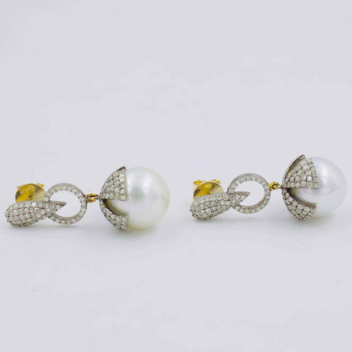 Victorian Diamond South Sea Pearl Drop Earrings in 14K Gold & Sterling Silver