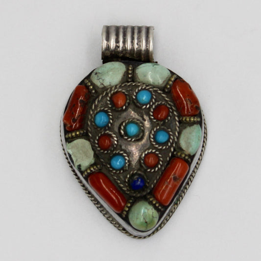 Vintage Southwestern Turquoise & Coral Pendant in Sterling Silver