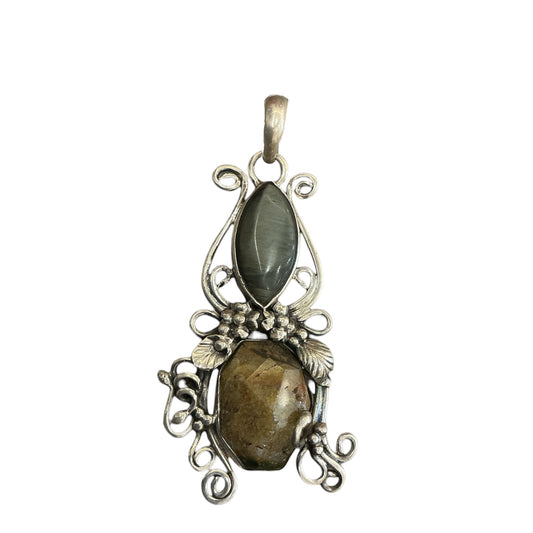 Oxidized Dual-Stone Bohemian Art Nouveau Pendant in Sterling Silver