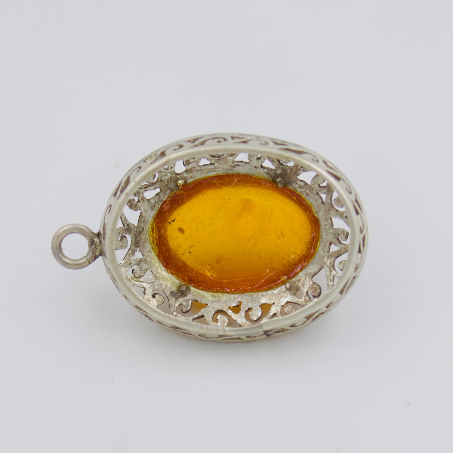 Vintage Amber Cabochon Filigree Oval Pendant in Sterling Silver