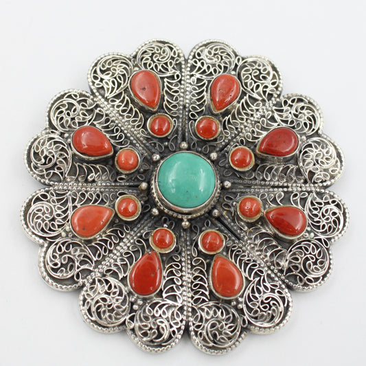Vintage Southwest Hand Etched Natural Turquoise & Coral Pendant Sterling Silver