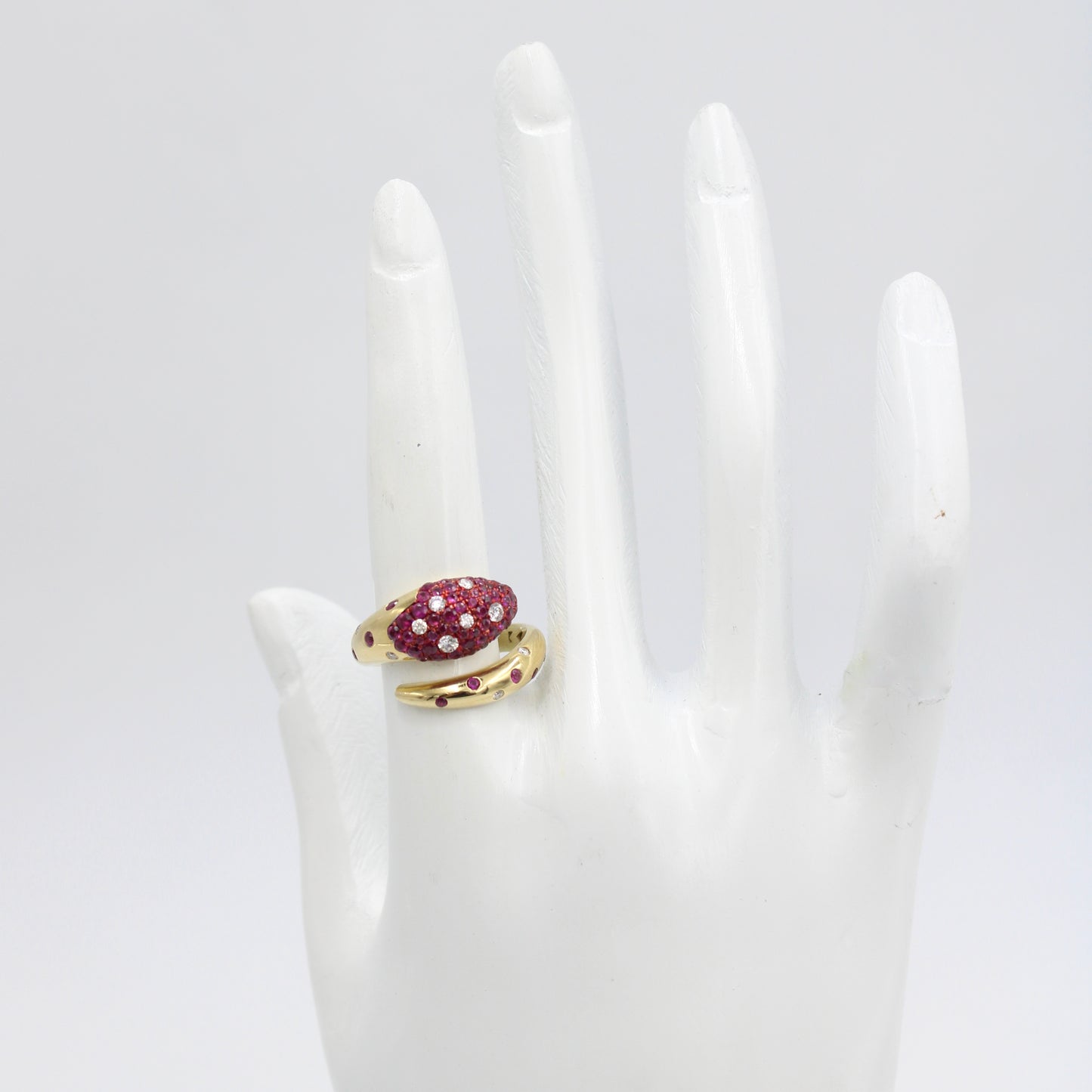Unique AAA Natural Ruby & Diamond Serpent Wrap Around Ring in 18K Gold