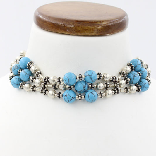 Vintage Handmade Turquoise Choker Necklace in Sterling Silver