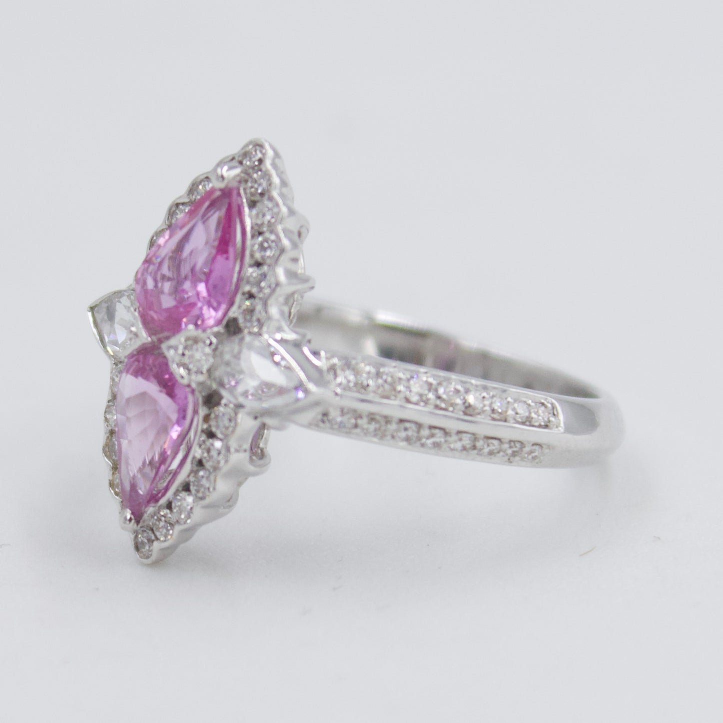 1.72 TCW Barbie Pink Sapphire & Diamond Halo Cocktail Ring in 18K Gold