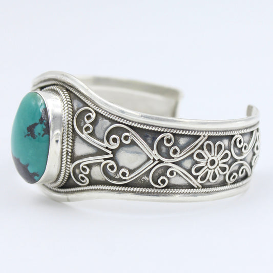 Vintage Navajo Natural Turquoise Etched Sterling Silver Adjustable Cuff Bracelet