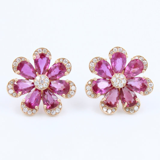 Natural AAA 7.45 Ct Untreated Ruby & Diamond Floral Stud Earrings 18K Rose Gold