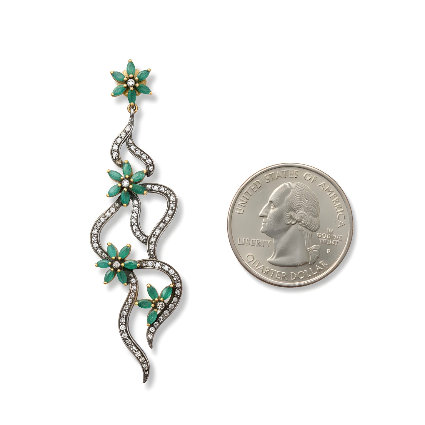 Victorian 7.65 Ct Natural Emerald & Diamond Drop Earrings in 14K Gold & Silver