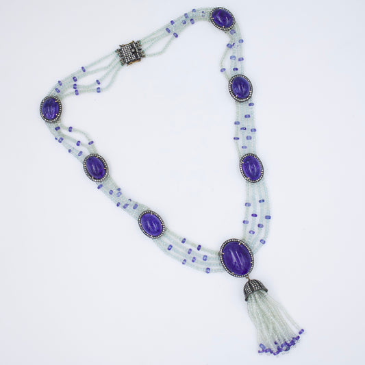 Victorian Tanzanite Aquamarine & Diamond Statement Tassel Necklace in 14K Gold and Sterling Silver