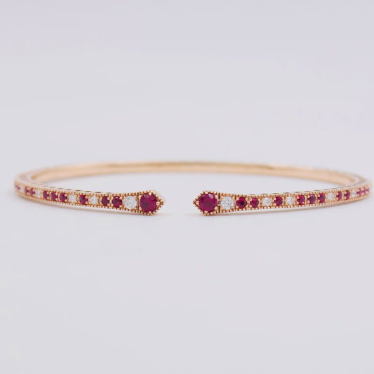 Vintage 1 Ct Ruby & Diamond Open Cuff Bangle in 18k Rose Gold Sz 7