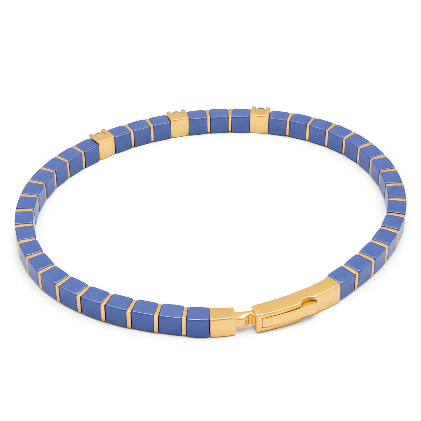 Natural 45.29 TCW Lapis Lazuli and Diamond Tile Beaded Bracelet 14K Gold