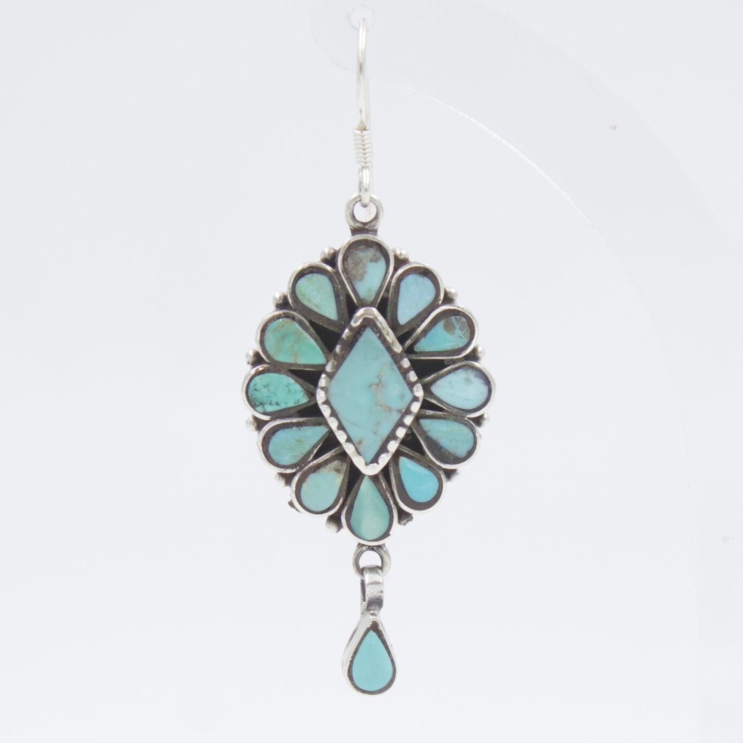 Beautiful Vintage Turquoise Diamond Cluster Dangle Earrings in Sterling Silver