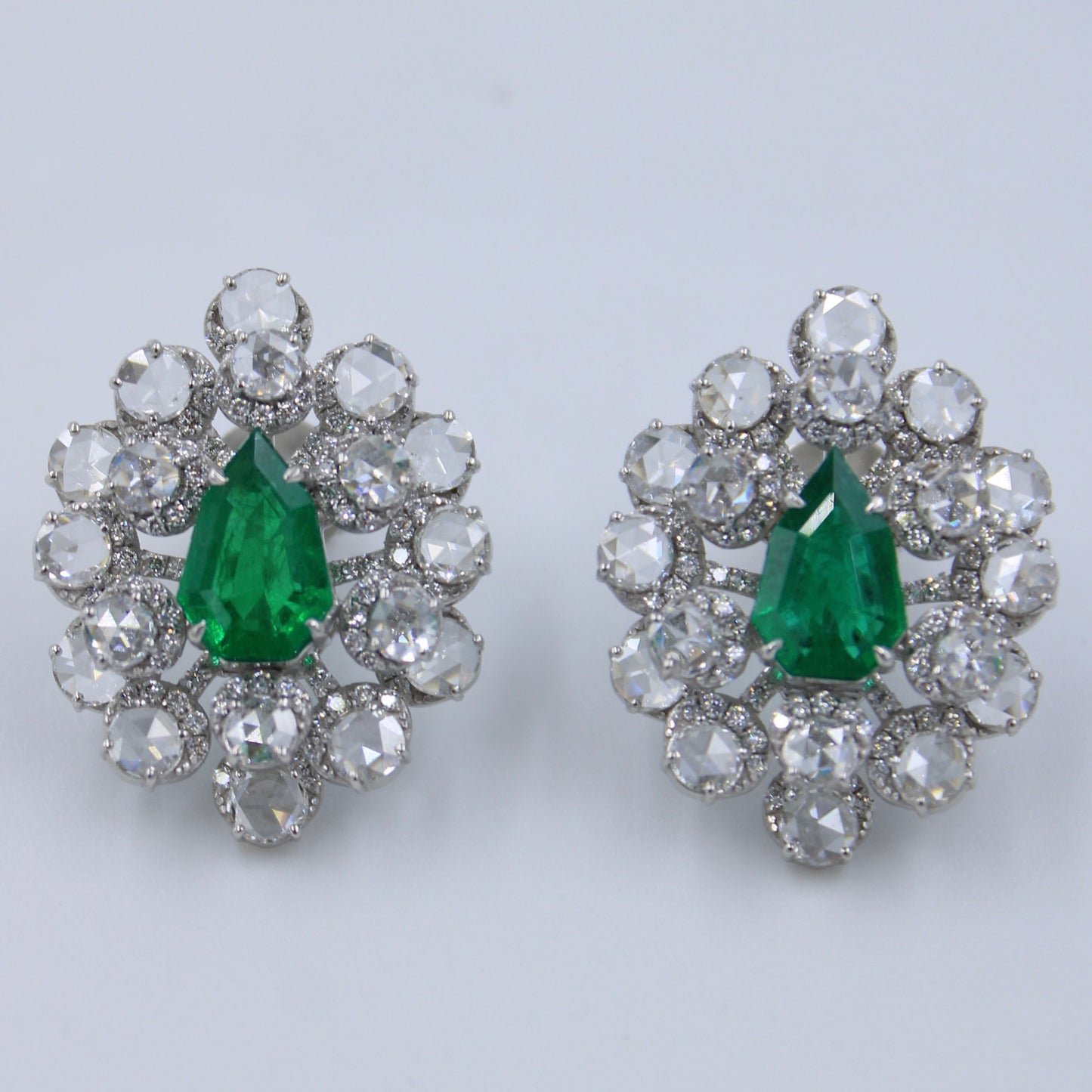 Statement 7.38 TCW AAA Natural Emerald & Rose Cut Diamond Halo Stud Earrings