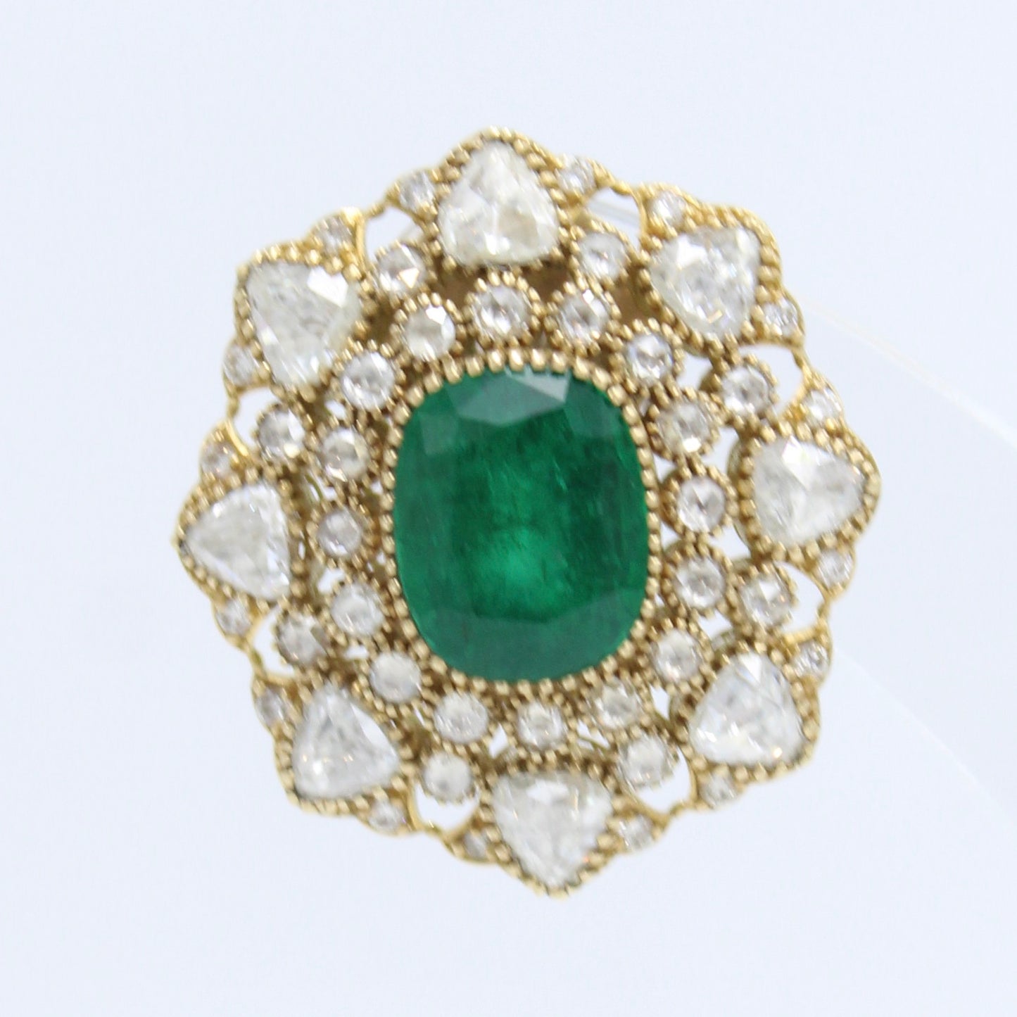11.05 Ct AAA Vivid Green Emerald & Rose Cut Diamond 18K Gold Stud Earrings