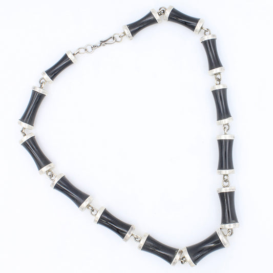 Vintage Natural Black Onyx Bamboo Bead Necklace in Sterling Silver