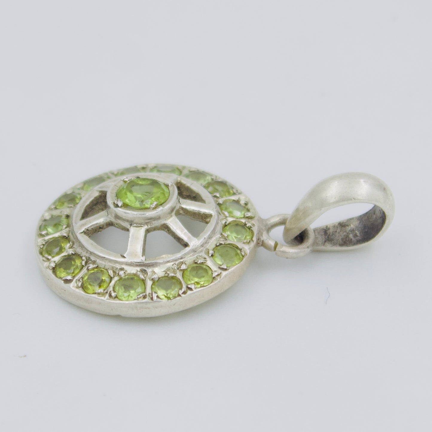 Natural Peridot Round Wheel Medallion Pendant in Sterling Silver