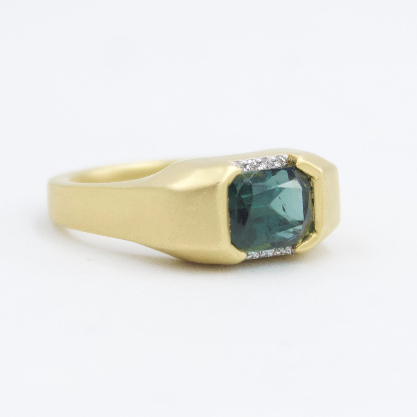 Natural 2.2 Ct Blue Tourmaline & Diamond East West Half Bezel Set Ring in 18KY Brushed Gold
