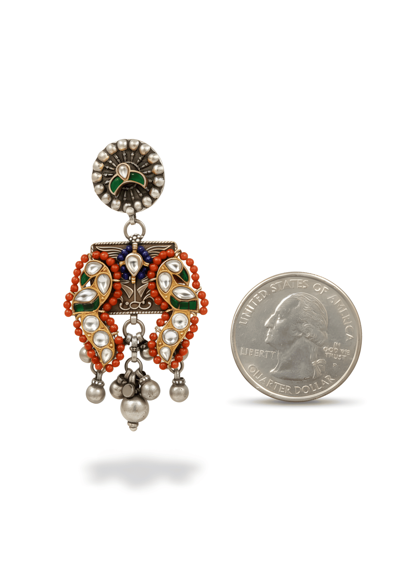 Antique Gold-Plated 925 Sterling Silver Chandelier Earrings with Lapis, Coral, and Green Onyx