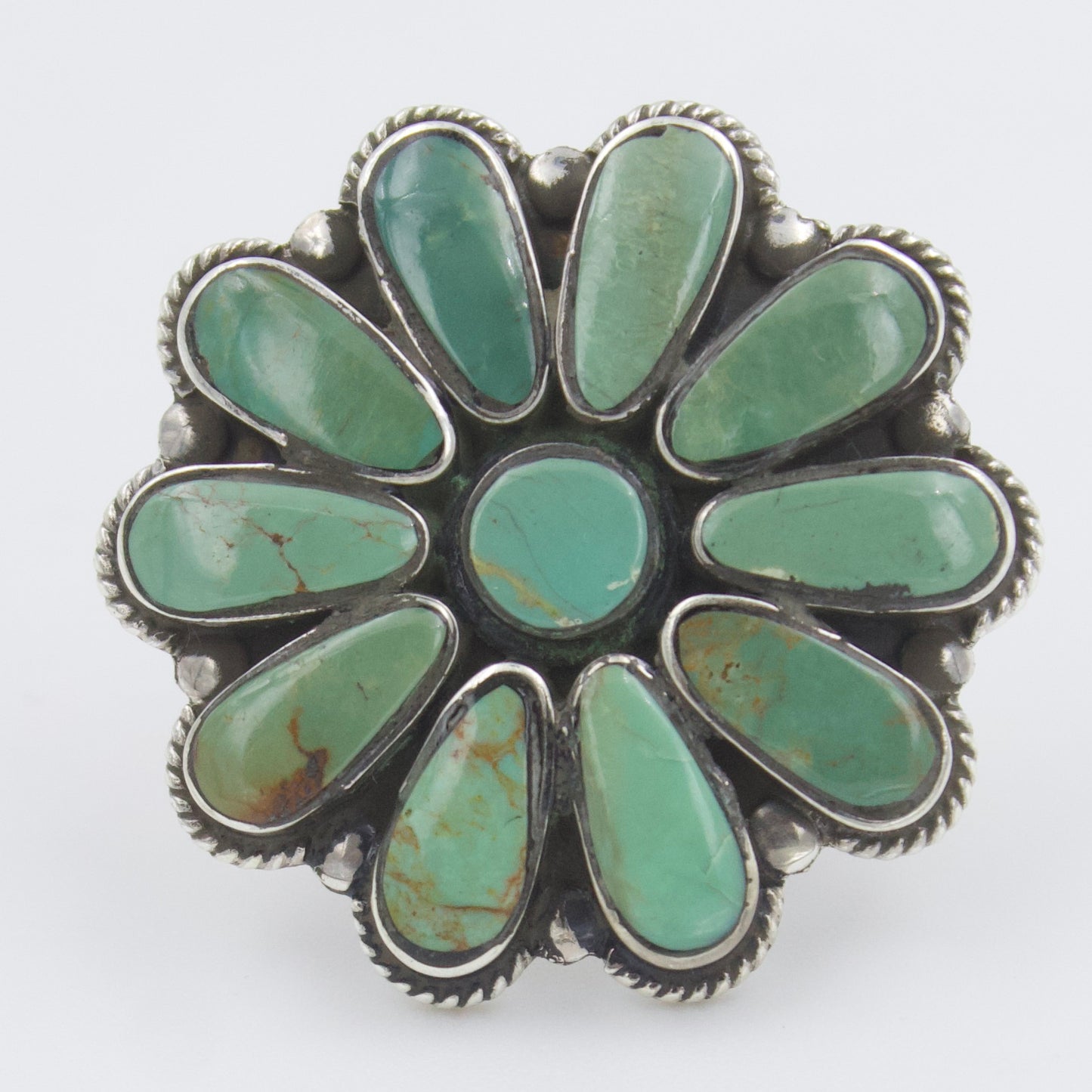 Vintage Natural Turquoise Flower Cluster Statement Ring in Sterling Silver