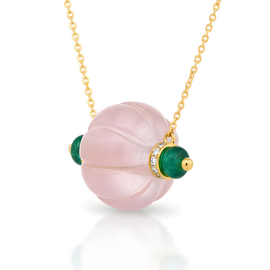 29 Ct AAA Natural Rose Quartz, Emerald & Diamond Melon 18K Gold Pendant Necklace