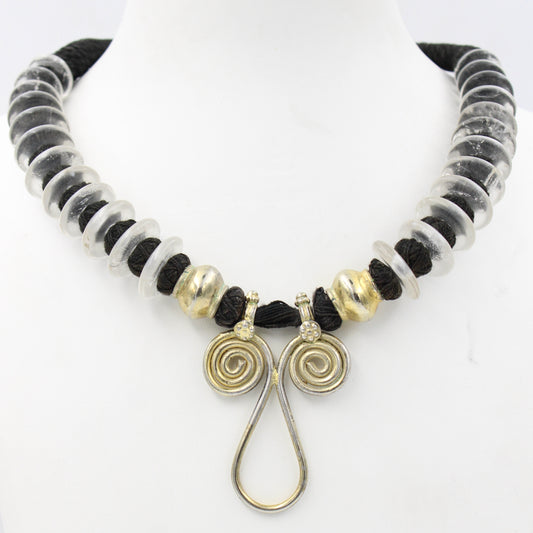 Vintage Boho Rock Crystal Quartz Threaded Pendant Necklace in Sterling Silver