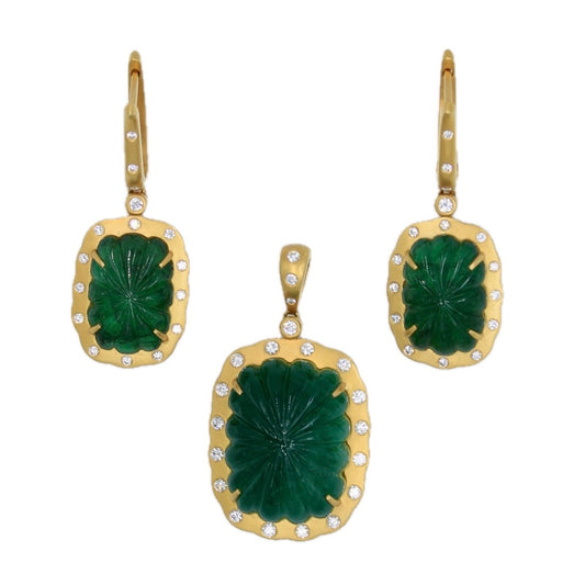 Natural 30.19 Ct Carved Emerald and Diamond Pendant & Earring Set 18K Gold