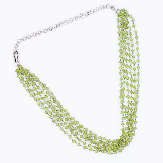 Vintage Natural Peridot 5 Strand Beaded Necklace in Sterling Silver