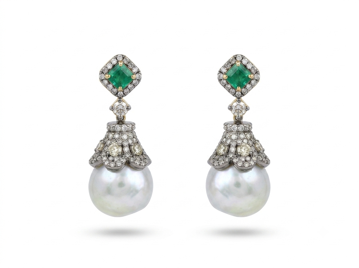 Art Deco Gold Silver Emerald Diamond Southsea Pearl Earrings in 14K Gold & Sterling Silver