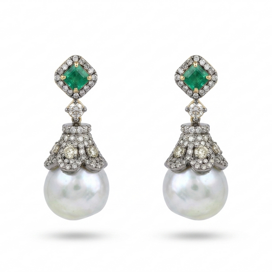Art Deco Gold Silver Emerald Diamond Southsea Pearl Earrings in 14K Gold & Sterling Silver