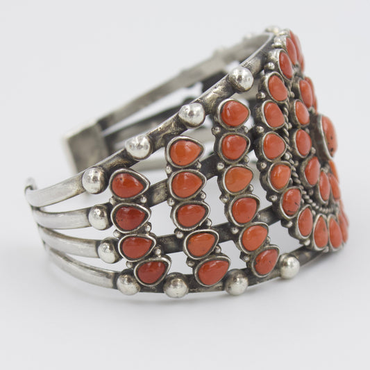Vintage Southwestern Natural Red Coral Cluster Cuff Bracelet Adjustable Size