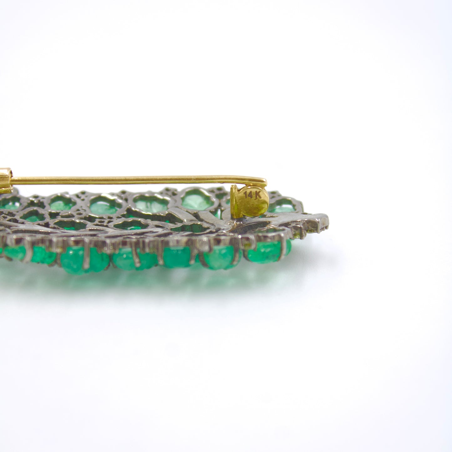 Carved Emerald & Diamond Leaf Brooch in 14K Gold & Sterling Silver