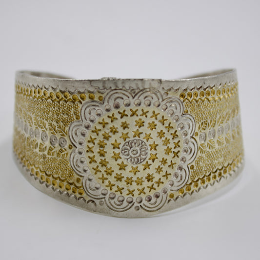 Handmade Dual Tone Gold and Silver Etched Statement Cuff Bracelet in Sterling Silver