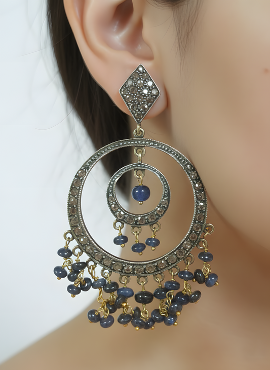 Victorian 3.21 Ct Natural Sapphire & Diamond Chandelier Earring 14K & Silver